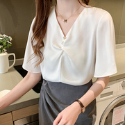 Phụ nữ mùa hè 2020 mới của Hàn Quốc phiên bản của V-cổ ý nghĩa thiết kế ngắn tay áo thun voan lỏng mỏng áo thun đầu triều
