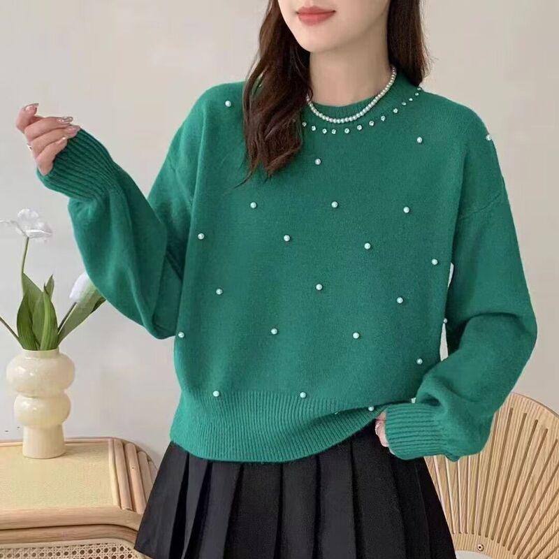 Original Genuine Lazy Style Heavy Beaded Round Neck Sweater for Women, Soft and Unique Base Knit Top for Autumn and Winter