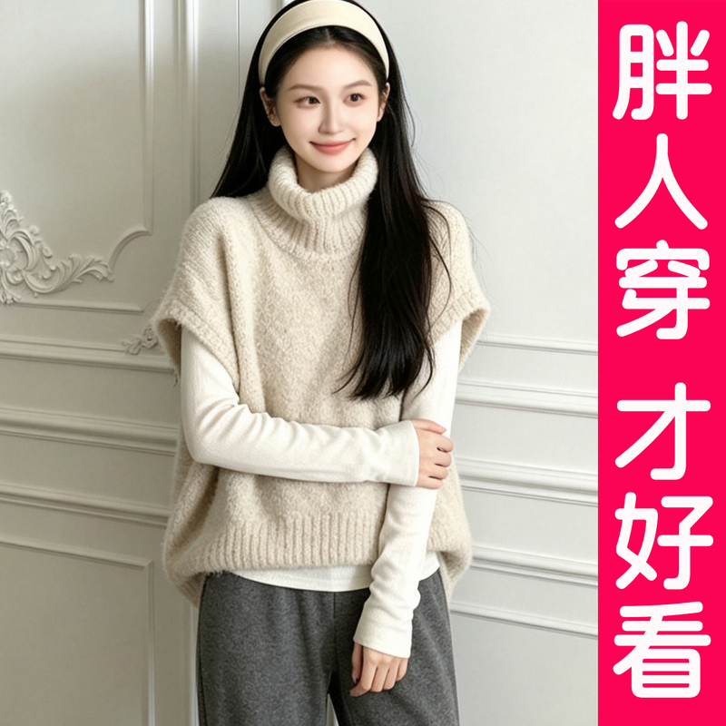 Plus-Size Mid-Length Lazy Style Sweater Vest for Women, High-Neck Layered Knit Vest Top for Plus-Size Women, Suitable for Spring, Autumn, and Winter