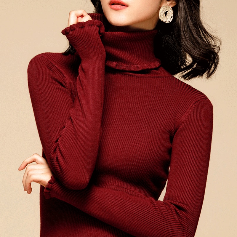 Plus-Size Casual Sweater for Women, Knitted Base Layer, Ruffled High-Neck Slim-Fit Knitwear, Mid-Length for Winter Plus-Size Casual Sweater for Women, Knitted Base Layer, Ruffled High-Neck Slim-Fit Knitwear, Mid-Length for Winter