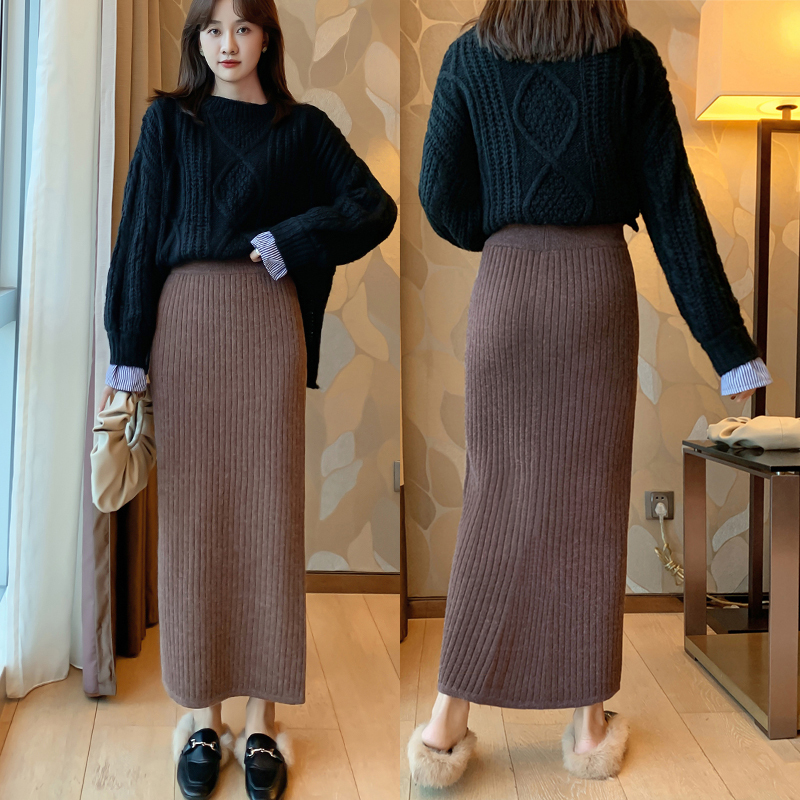 Plus-Size Extra-Long Knit Skirt for Women, Non-Slit Pencil Skirt, Long Skirt for Plus-Size Women, Autumn/Winter 100kg