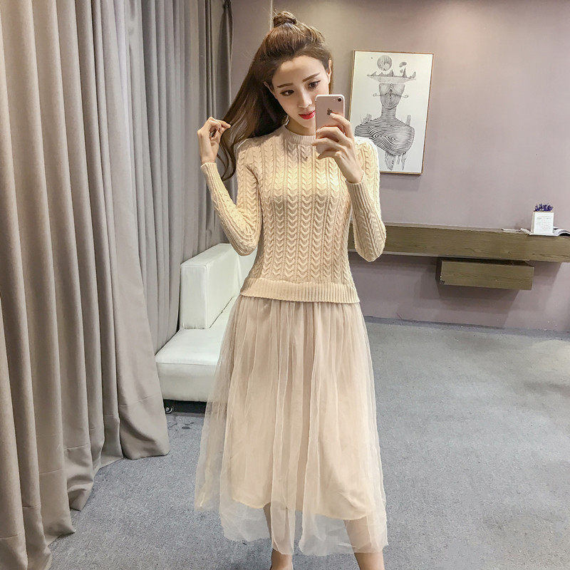 2022 Autumn Winter New Female Knit Mid dress Korean version Fashion High waist splicing mesh yarn dress Long version of the dress