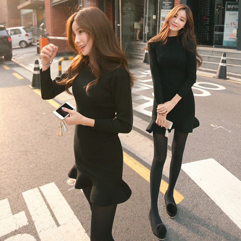 2019 autumn Korean version of the new little black dress bottoming skirt fishtail slim sweater mid-length thin section knitted dress