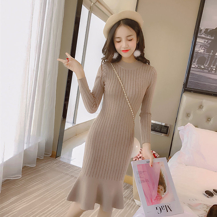Fashion sweater women's 2017 autumn and winter new round neck pullover slim ruffle mid-length hip knitted base skirt