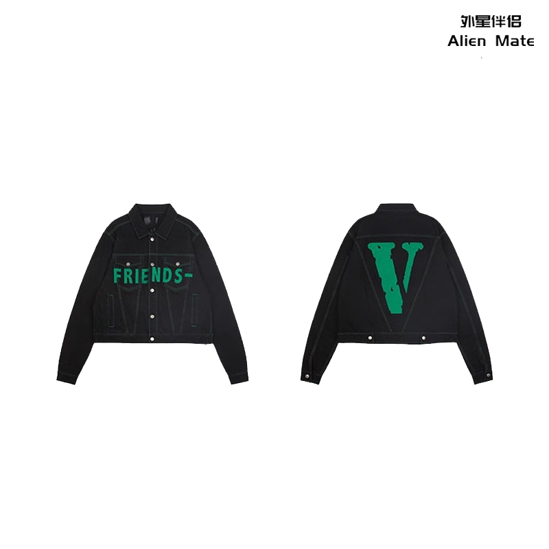 Alien Companion Vlone American Version Runway Style Embroidered Short Denim Jacket with Large V on the Back, Same Style as Chen Guaishi