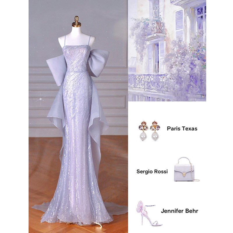 French Purple Evening Dress for Women, Classy Accessible Luxury Niche Suspender Fishtail Skirt, Classy Adult Ceremony Host Art Test