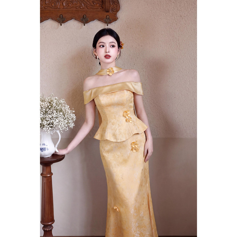 Gold Engagement Dress, Off-Shoulder, New Chinese Style National Style Suit, 2026 New Improved Dress, Morning Gown for Petite Figures