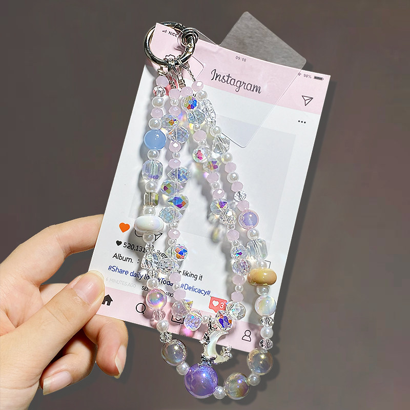 Crystal Moon Pendant for Mobile Phone Lanyard, Double Chain Beaded Jewelry, Luxury Portable Keychain Charm, Drop-Proof Mobile Phone Chain