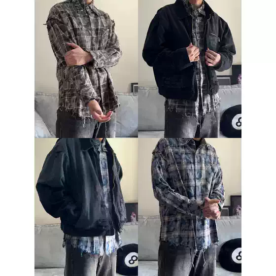 [Rendered Shirt] Zhenmeiqian Vintage Cleanfit Fringed Raw Edge Plaid Patchwork Brushed Design Shirt