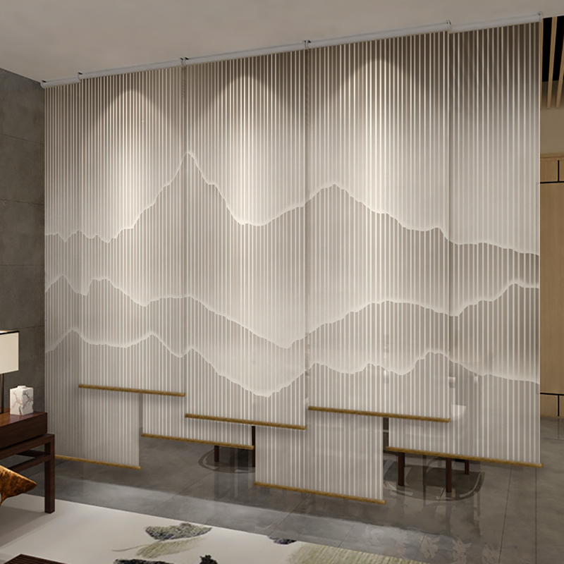 Chinese-Style Landscape Retro Ink Wash Bamboo Hanging Curtain, Roll-Up Curtain, Semi-Transparent Light-Filtering Sheer Curtain, Screen Partition Curtain