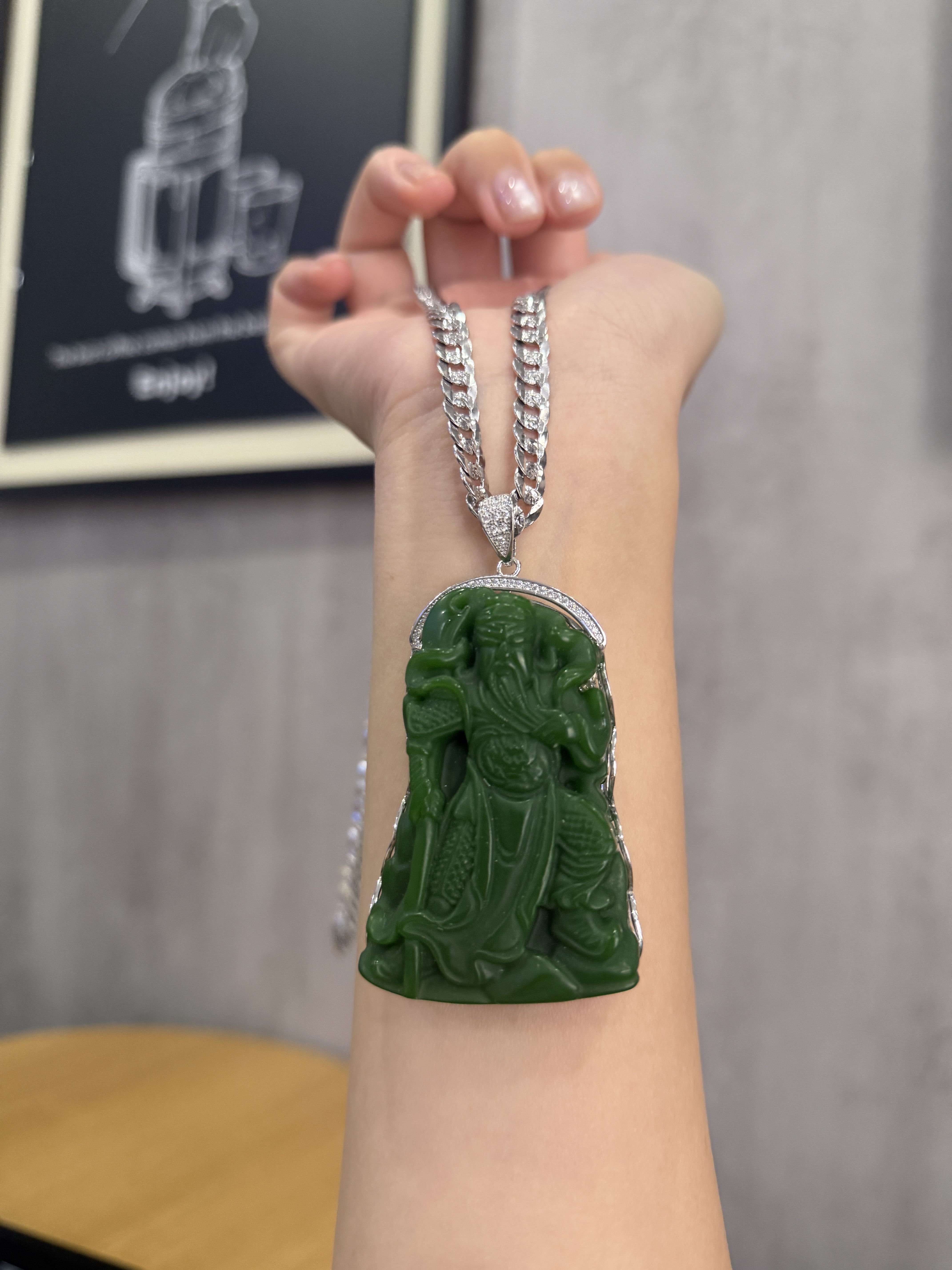 Серебряное ожерелье s925纯银镶嵌天然黑曜石碧玉关公吊坠关羽武财神霸气牛仔男士项链 0001