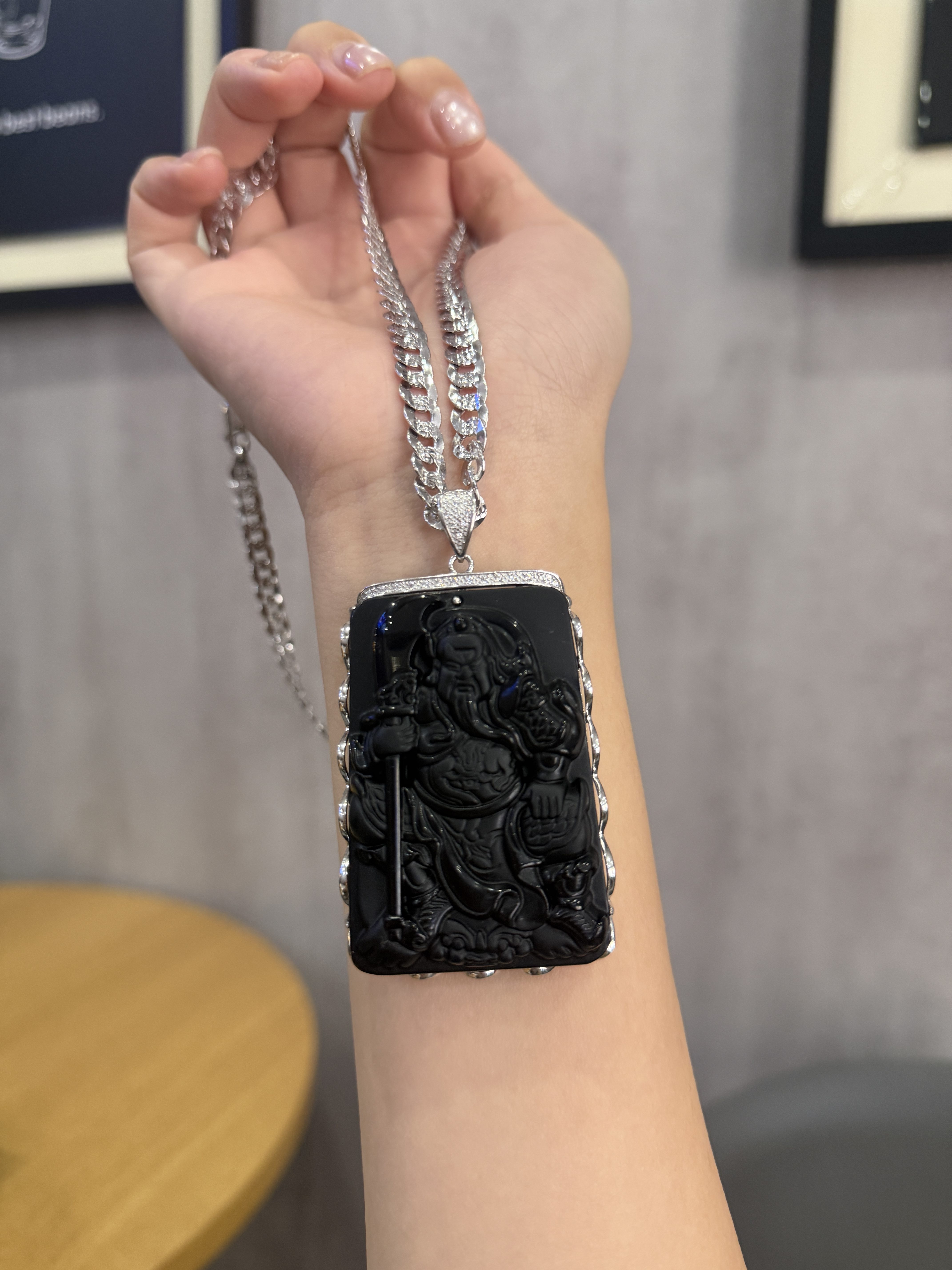 Серебряное ожерелье s925纯银镶嵌天然黑曜石碧玉关公吊坠关羽武财神霸气牛仔男士项链 0001