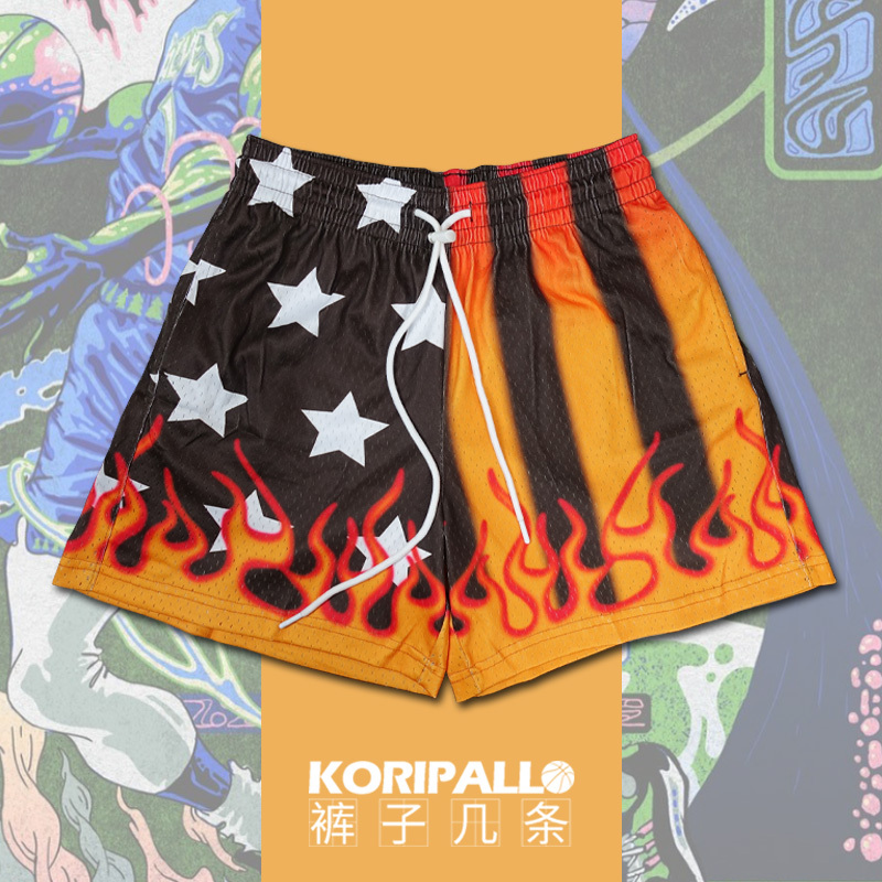 American Star Flame Three-Quarter Pants Single-Layer Mesh Basketball Training Shorts over the Knee Breathable Beach Men's Trendy