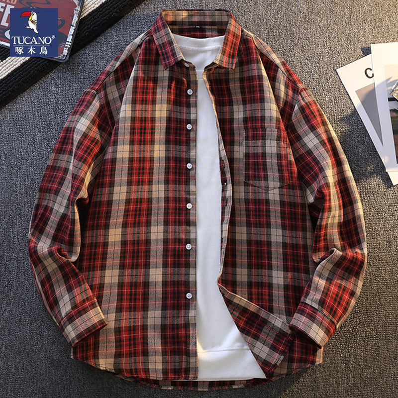 Woodpecker Plaid Jacket Men's American Casual Trendy Long-Sleeve Shirt Spring and Autumn New Style Loose Cool Shirt for Men