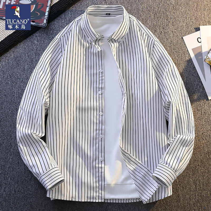 Woodpecker Shirt Jacket Men's Slim Fit Trendy Striped Top Spring and Autumn New American Casual Stylish Long-Sleeve Shirt