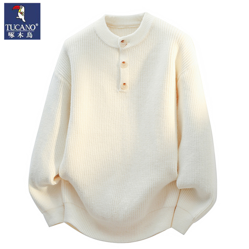 Woodpecker White Sweater for Men, Korean Style Design, Buttoned Round Neck Base Shirt, Autumn and Winter Style, Casual Knitwear for Teenagers