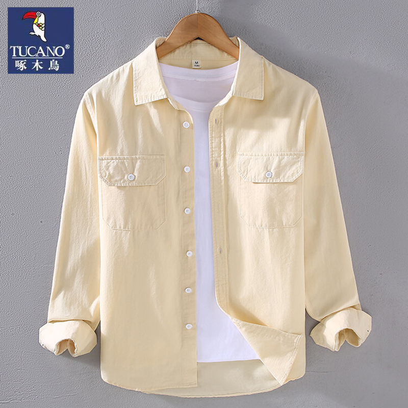 Woodpecker Shirt Jacket for Men, Spring and Autumn, Japanese Style, Solid Color Work Shirt, Casual and Stylish, All-Cotton Top