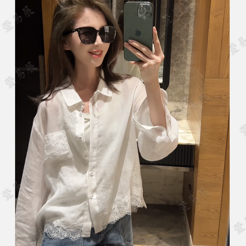 Ino Kiyomi- "White Camellia" Versatile Vintage Lace-Trimmed Long-Sleeve Shirt - Cs041003