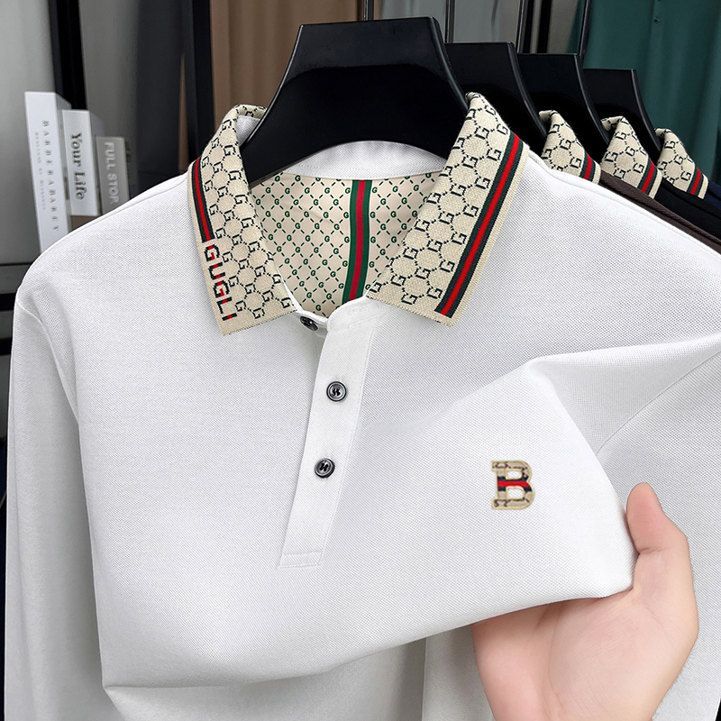 British Burberry Style Long-Sleeved Polo Shirt with a Turn-Down Collar, New Design for Spring and Autumn, Stylish Embroidered Long-Sleeved T-Shirt for Men