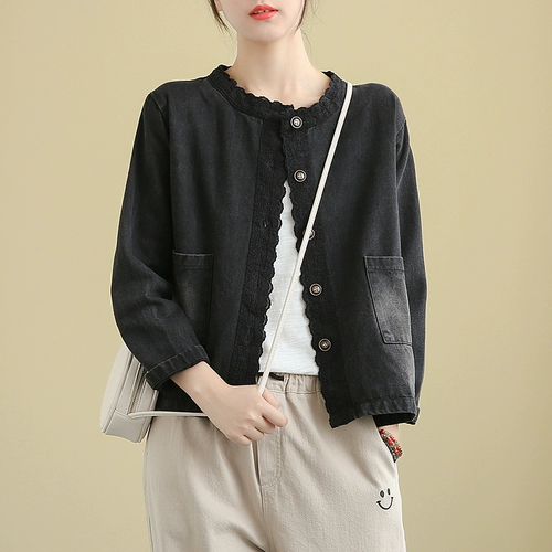 Черная джинсовая юбка, осенняя куртка, лонгслив для отдыха, свободный крой, по фигуре