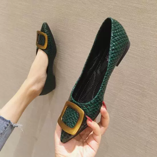 2021 Spring Women's Shoes All-match Green British Style Pointed Small Leather Shoes Flat Work Shoes Black Single Shoes