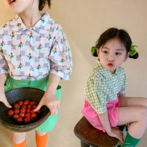 Childrens summer plaid short-sleeved shirt girls floral doll collar top girls lapel flower puff sleeve shirt