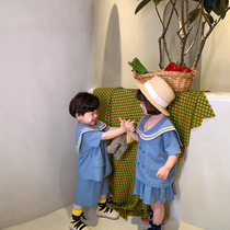 Childrens Western style navy collar suit net red boys and girls cute short-sleeved shorts skirts college style two-piece suit