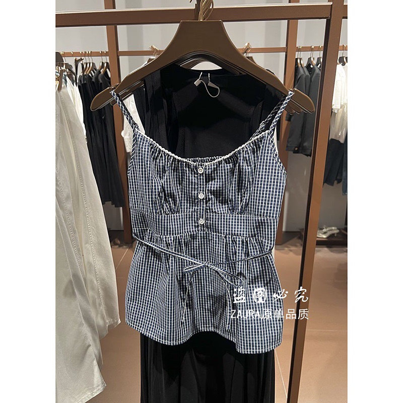 Nb&Ur New Spring and Summer Women's Clothing, Sweet and Spicy Style, Waist-Cinching, Lace-Decorated, Plaid Lace-Up Camisole, Bottoming Top
