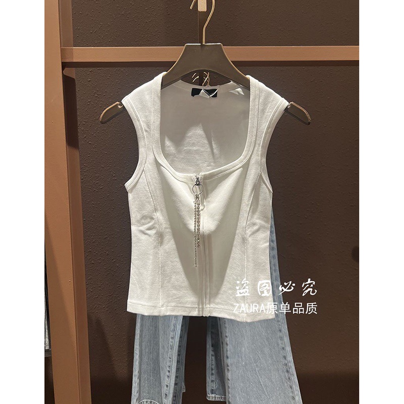 Nb&Ur New Summer Women's Clothing Hot Girl Style Slim Fit Diamond-Embellished Zipper U-Neck Sleeveless Vest Suspender Belt Uwj260026