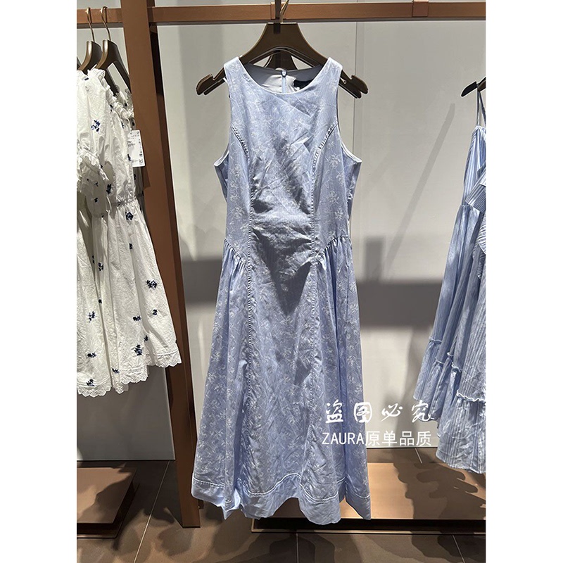 Nb&Ur New Spring and Summer Women's Clothing, Sweet Holiday Style Round Neck Waist-Cinching Floral Dark Pattern Long Sleeveless Dress