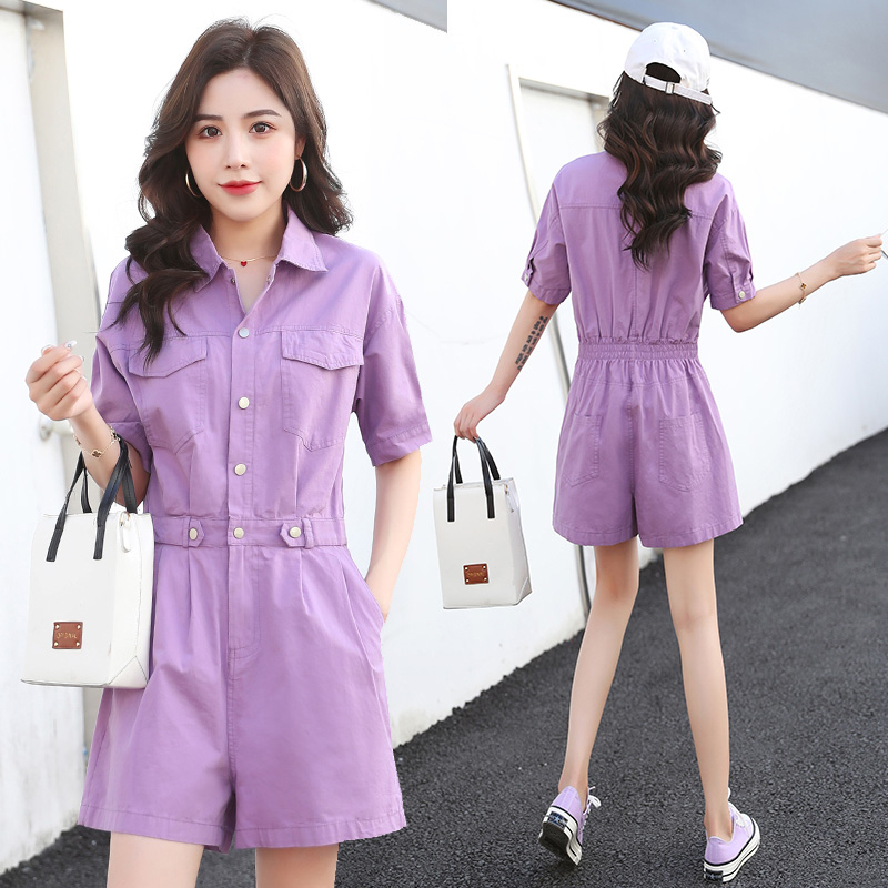Purple Jumpsuit for Women in Summer, Loose Fit, Tummy-Covering, Thin, One-Piece Overalls, Casual Short-Sleeved Cotton Suit