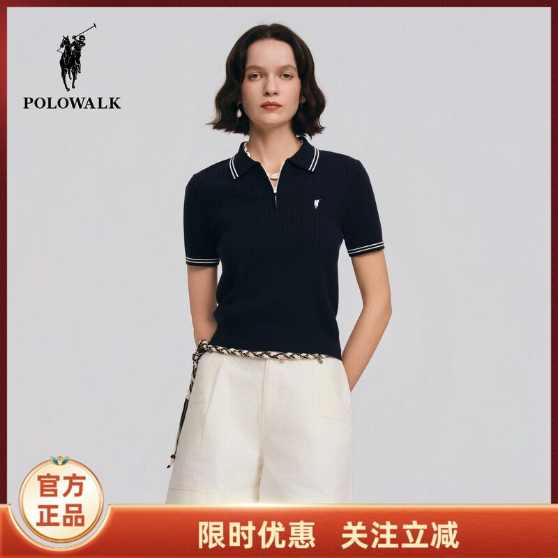 Polowalk Women's Short-Sleeved Knitwear 2026 Spring New Product Contrasting Color Lapel Half-Zip Casual Simple Top