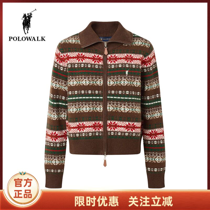 【100% Sheep Wool】Polowalk Women's Wool Sweater 2025 Winter New Product Lapel Fair Isle Style Cardigan