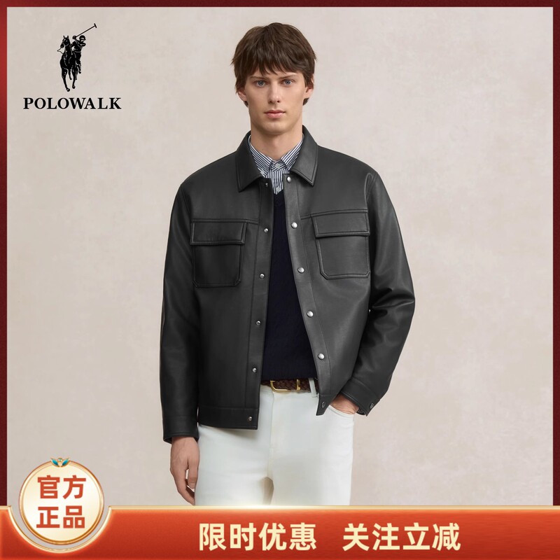 Polowalk Men's Leather Jacket 2026 Winter New Fashion Business Commuter Fleece-Lined Structured Lapel Leather Jacket for Men