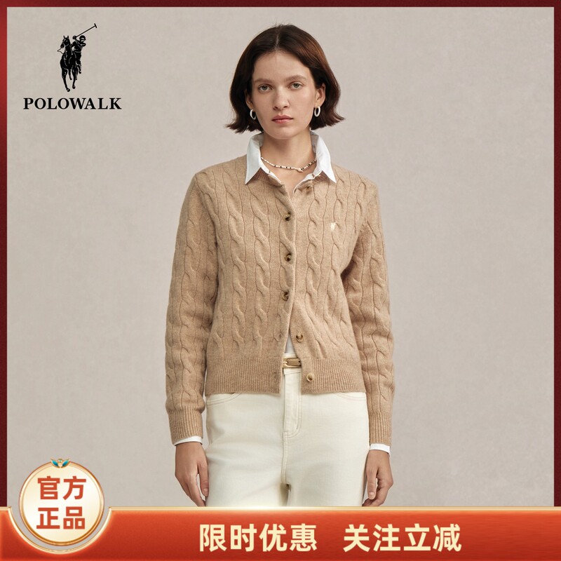 Polowalk Women's Wool Sweater 2026 Winter New Product Accessible Luxury Style Round Neck Cable Knit Slimming Wool Sweater Jacket for Women