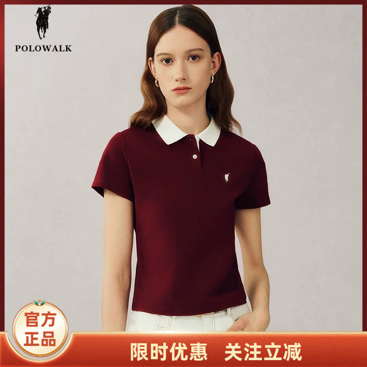 Polowalk Short-Sleeved Polo Shirt for Women 2025 Spring and Summer New Color-Blocking Petite T-Shirt Versatile Korean Style Top