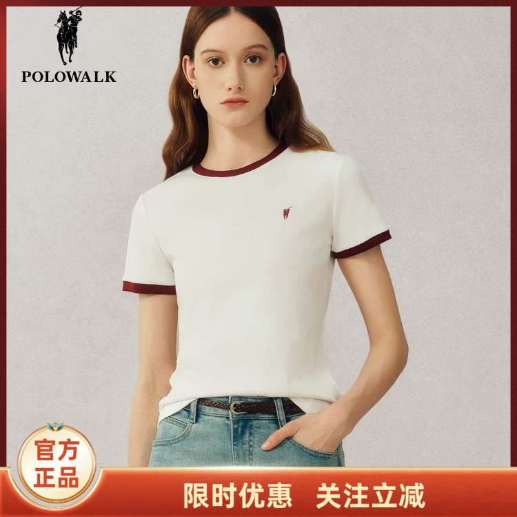 Polowalk Short-Sleeved Round-Neck T-Shirt for Women 2026 Spring and Summer New Product Contrasting Color Base Casual Fashion Versatile Top