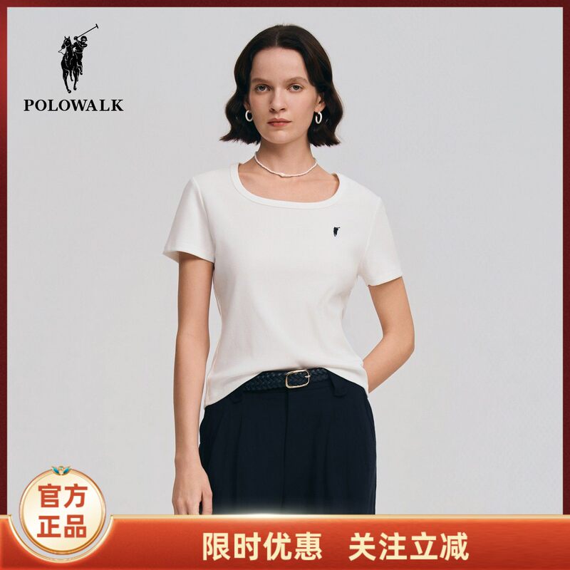 Polowalk Women's Short-Sleeved 2026 Spring New Women's Clothing Simple Square Collar Slim Fit T-Shirt Work Clothing Short-Sleeved