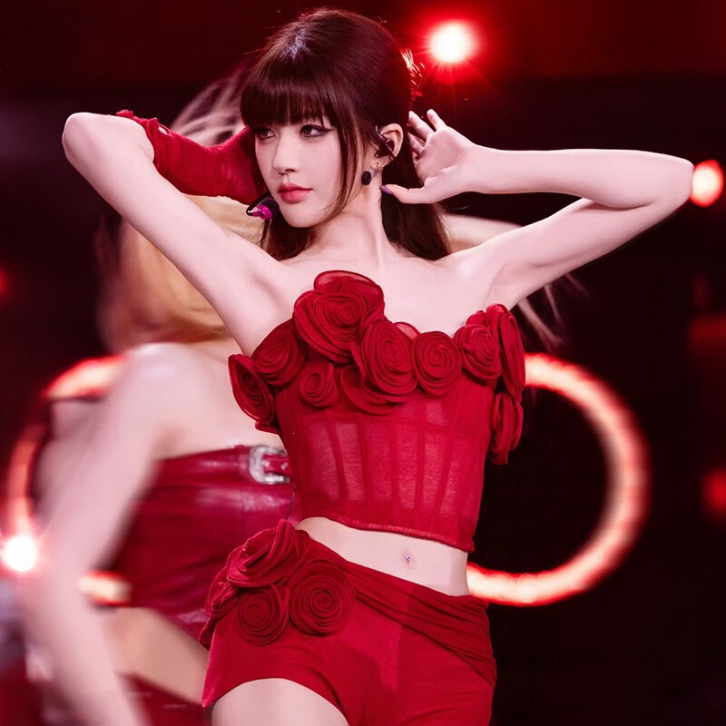 Zhao Lusi's Same Style Red Christmas and National Day Sexy and Sweet Spicy Style Three-Dimensional Flower Performance Outfit for Girl Group Style Performances