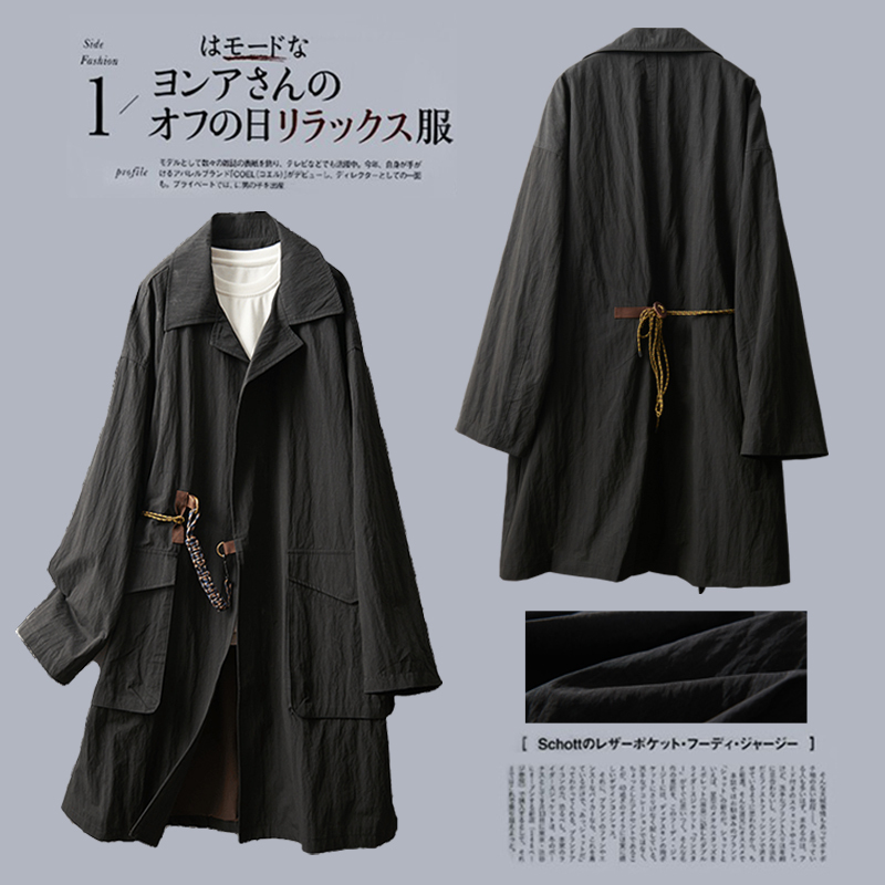 Yamamoto Japanese Style Workwear Silhouette Washed Trench Coat for Men, Mid-Length High-End Spring Trendy Lapel Casual Clothing Yamamoto Japanese Style Workwear Silhouette Washed Trench Coat for Men, Mid-Length High-End Spring Trendy Lapel Casual Clothing
