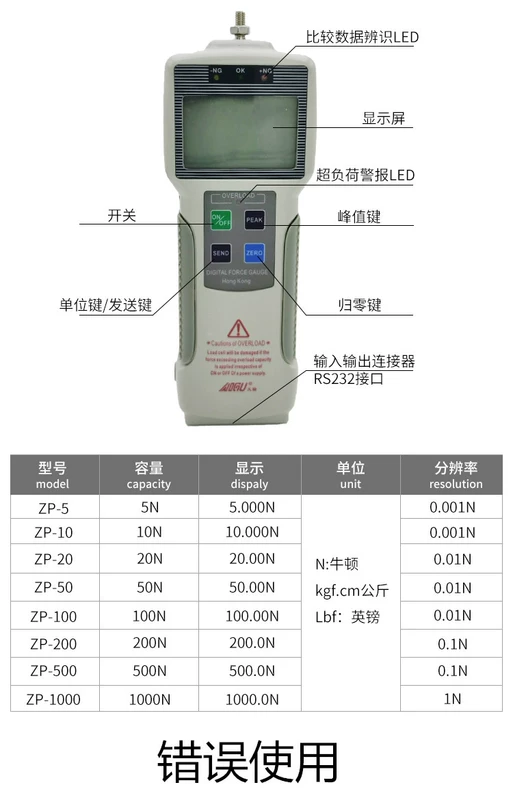 Con trỏ AIGU/máy đo lực kéo đẩy kỹ thuật số NK-10~500N máy đo lực hiển thị kỹ thuật số ZP-10N~1000N