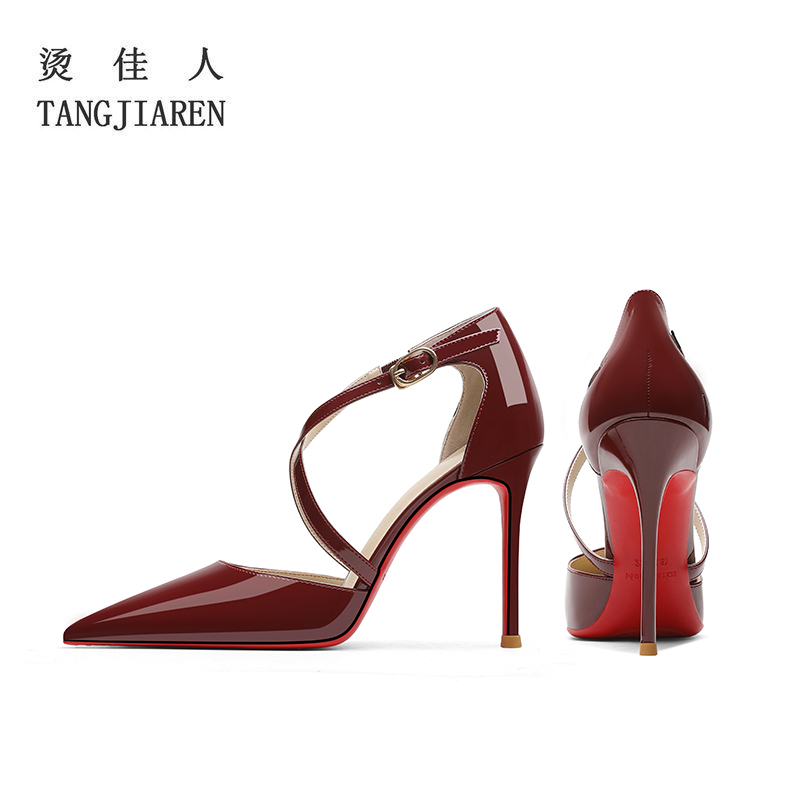 Cross-Strap High Heels for Women, Stiletto Heels, Red Soles, 2026 Spring and Summer New Style, Single Strap Buckle, Burgundy Closed-Toe Sandals
