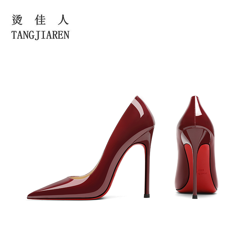 Patent Leather Burgundy High Heels Women's Stiletto Sexy Shallow Mouth Large Size 2025 Spring and Autumn New Style 12cm Pointed Toe Single Shoes