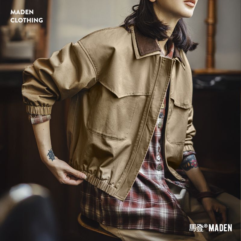 Madden Retro Barn-Style Corduroy Color-Blocked Lapel Short Waist-Cinching Workwear Hunting Jacket for Women, Spring and Autumn