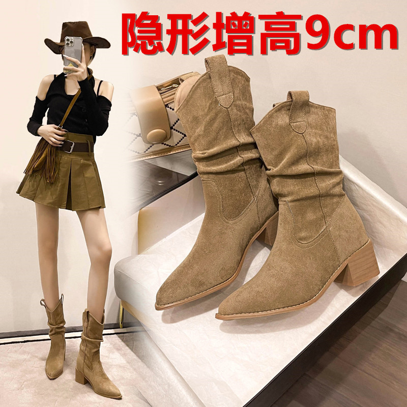 Genuine Leather Inner Height-Increasing Pleated Boots for Women, Early Autumn Stylish Mid-Calf Boots for Petite Figures, Pointed Toe Chunky Heel Western Cowboy Boots Genuine Leather Inner Height-Increasing Pleated Boots for Women, Early Autumn Stylish Mid-Calf Boots for Petite Figures, Pointed Toe Chunky Heel Western Cowboy Boots