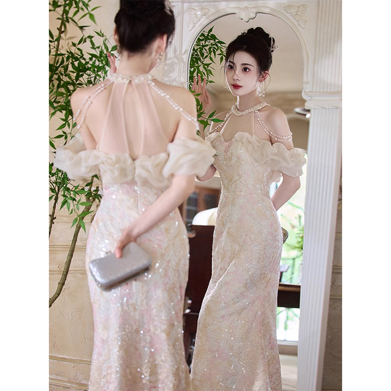 Champagne-Colored Evening Dress, High-End, Light Luxury, Niche, 18-Year-Old Coming-Of-Age Ceremony, Birthday, Engagement, Toast Dress, Fishtail Skirt