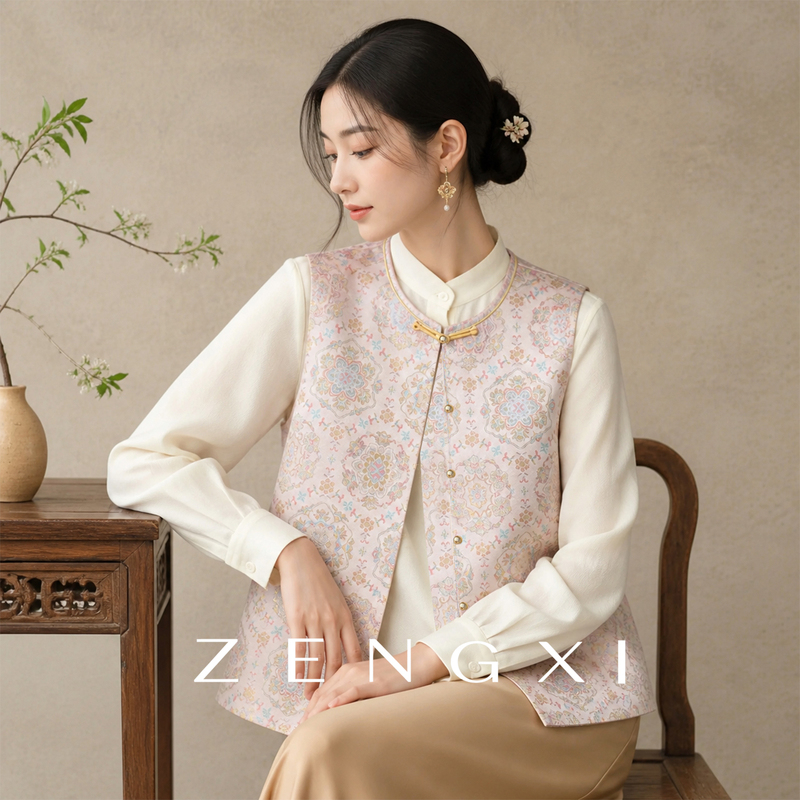 Beautiful New Chinese-Style Silk Song Brocade Vest for Women, Pink Floral Mulberry Silk Cardigan Jacket for Autumn Layering
