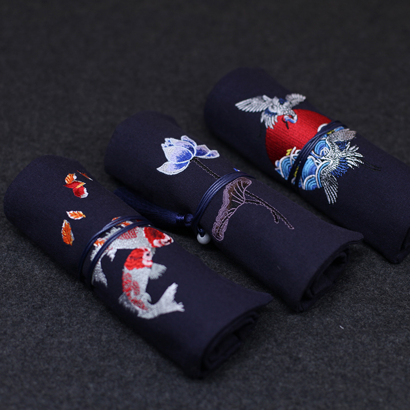 Original China National Breeze Brocade Carp Embroidered Pen Bag Auspicious White Crane Lotus Flower Versatile Bookmark and Literary Gift