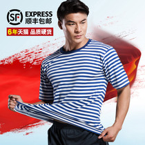 Sea soul shirt male body can wear short sleeve summer physical training suit set quick-drying breathable round neck striped blue and white T-shirt