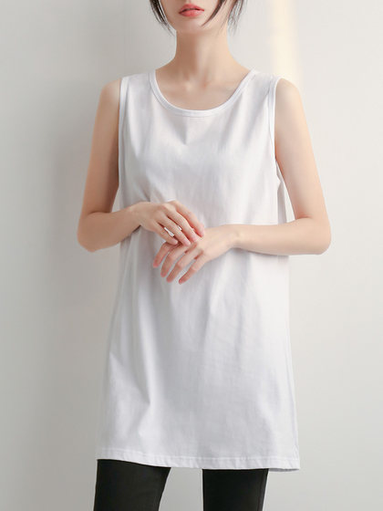 Spring and Autumn Sweatshirt Base Layer Tank Top for Women, Round Neck, Mid-Length, Sleeveless, White, Butt-Covering, Layered Camisole Base Shirt